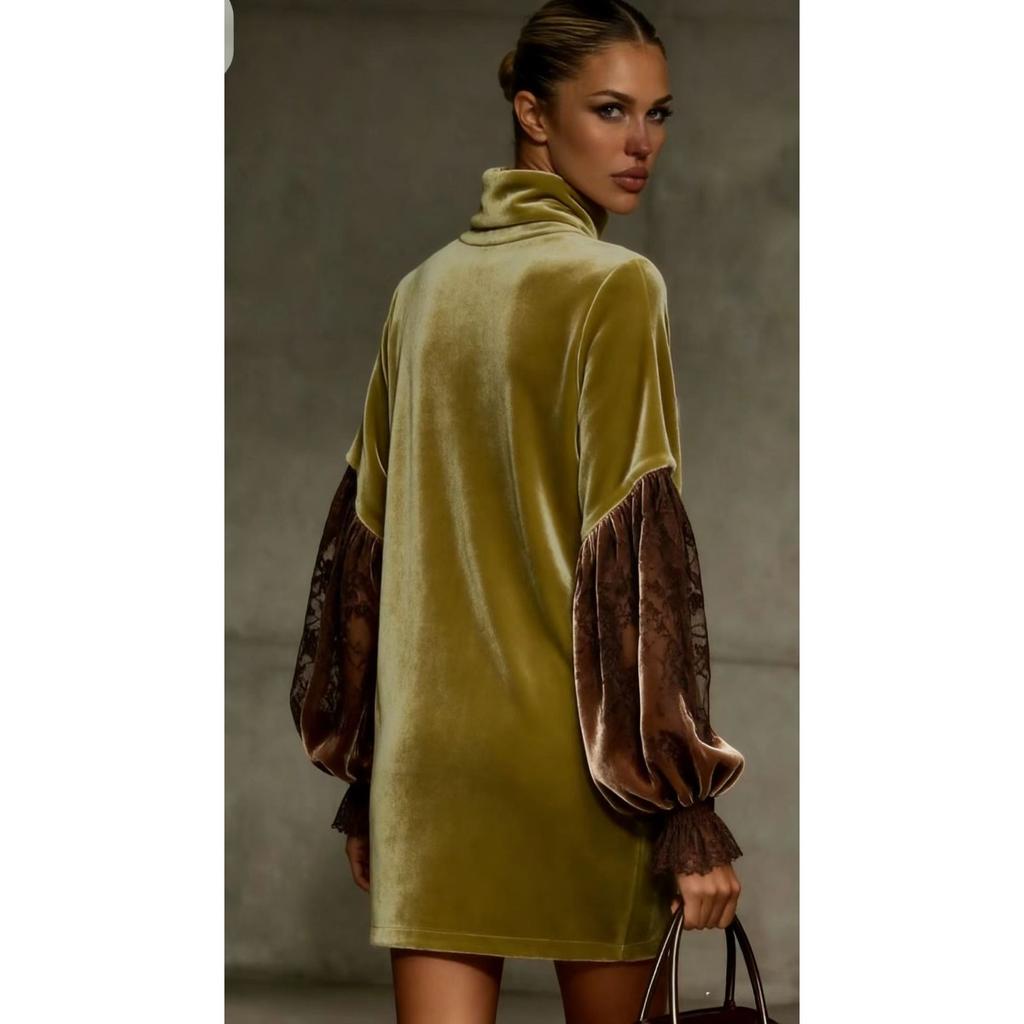New Arrival Women's Elegant Stand Collar Velvet Lace Patchwork Long Sleeve Dress, Casual Fashion Party Dress for Women European American Style