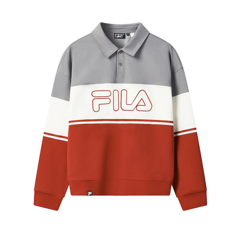 Fila Original Fashion Trend Multicolor Splicing Cotton Durable Loose Knit Long Sleeve Polo Shirt Men Polo Shirts Elegant-Gray F11M549209FGY
