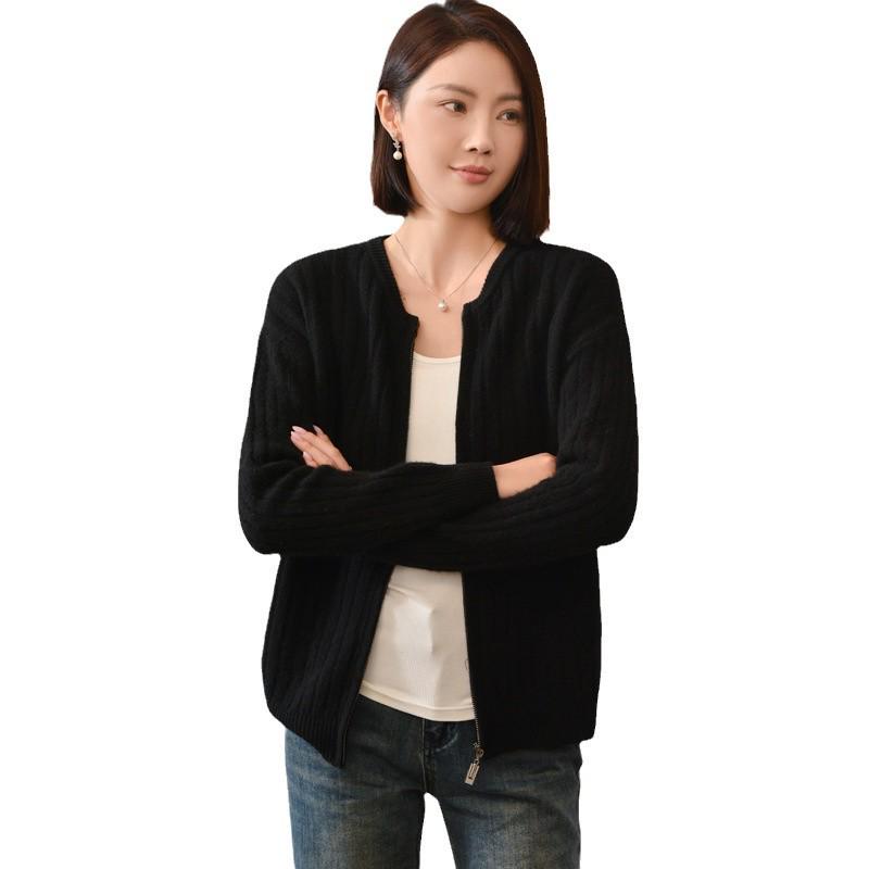 Women's Pure Wool Knit Cardigan, 2024 Autumn/Winter, Round Neck, Loose Fit, Versatile Long Sleeve Sweater.