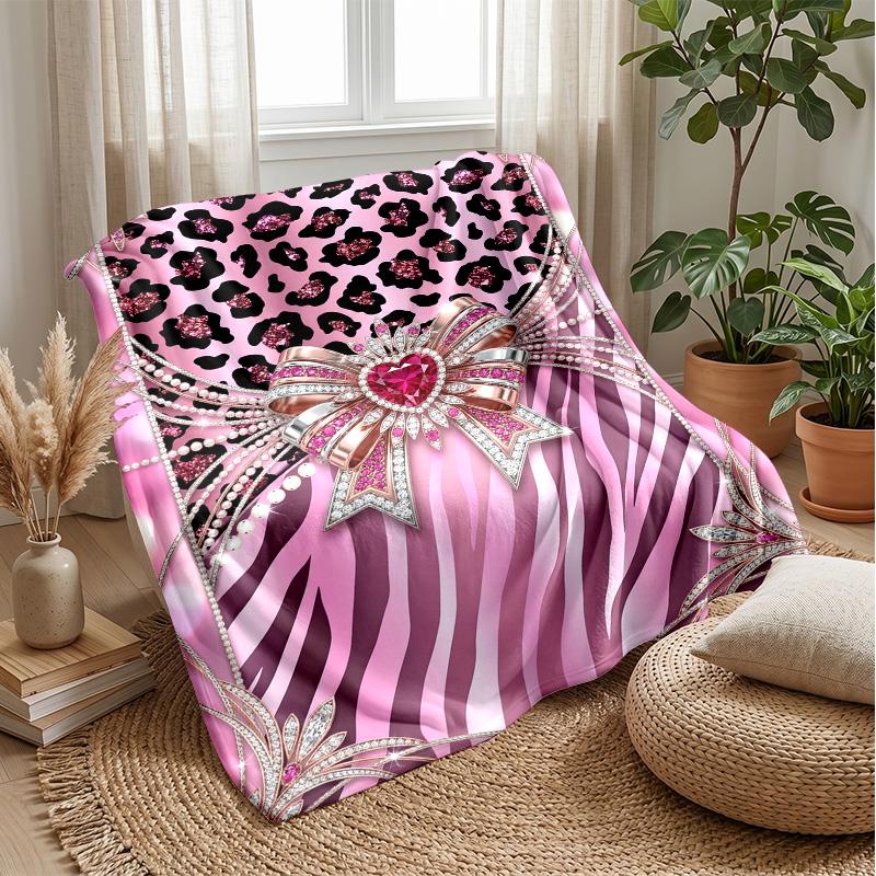 Pink Animal Print Bow Theme Blanket Lightweight Warm Flannel Blanket Decorative Throw Blanket for Home Decoration