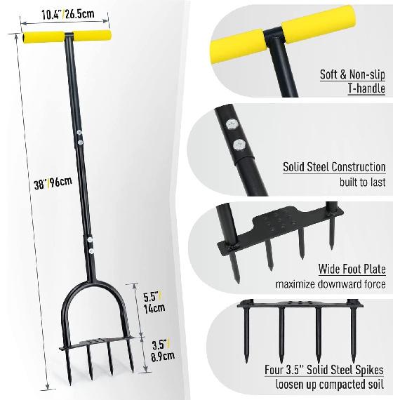 Colwelt Spike Lawn Aerator, Manual Aerator for Compacted Soils and Lawns, Non-Slip T-Handle Spike Aeration with Four 3.5-Inch Solid Steel Spikes,