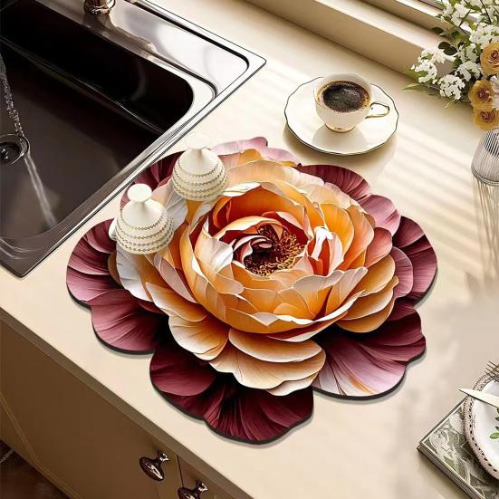 Yousheng 3D Dish Drying Mat Absorbent Kitchen Drying Mat Floral Reusable Washable Dish Drying Pad Non-slip Dish Rack Mats for Kitchen Counter