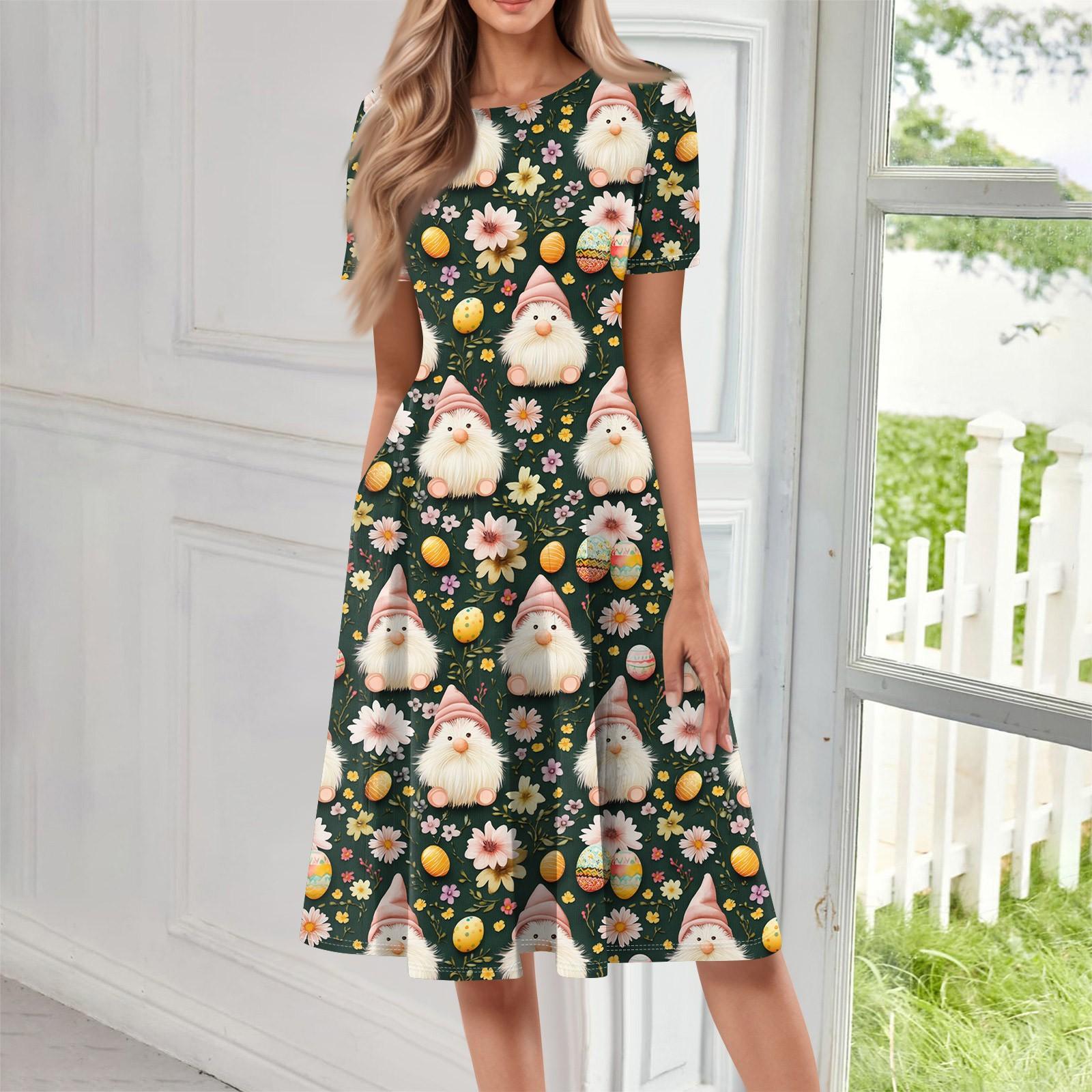 

Женское свободное повседневное и модное платье с круглым вырезом и короткими рукавами, средней длины с принтом XL бежевый