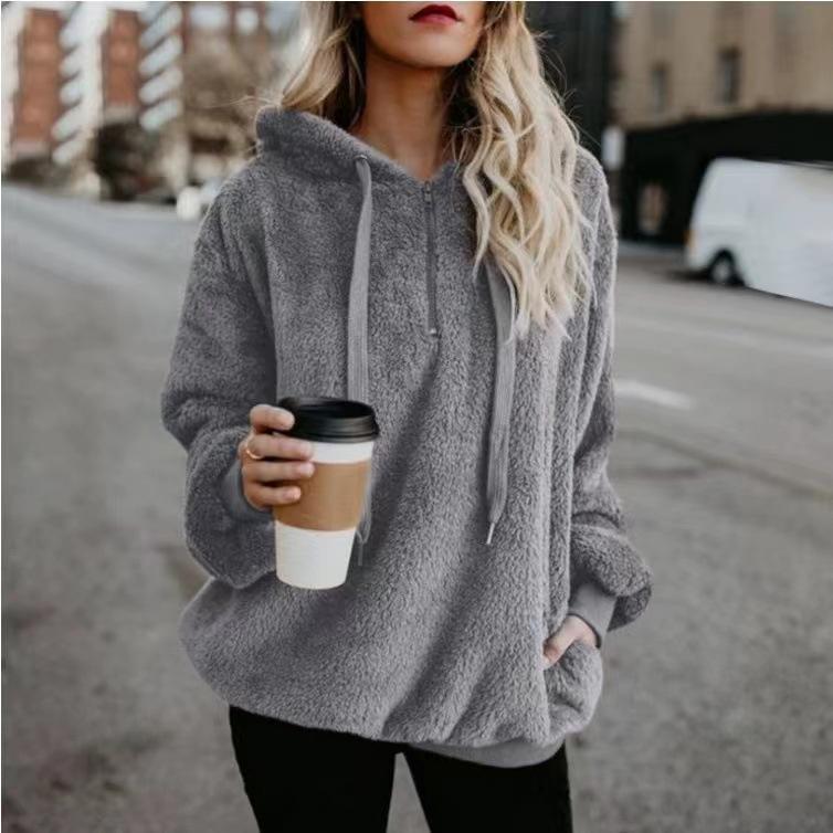 European & American Style Women's Hooded Fleece Sweatshirt Jacket