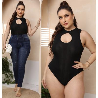 Büyük Beden Kadın Elastik Dar Altlı Tulum Seksi Nervürlü İnce Siyah Bodysuit