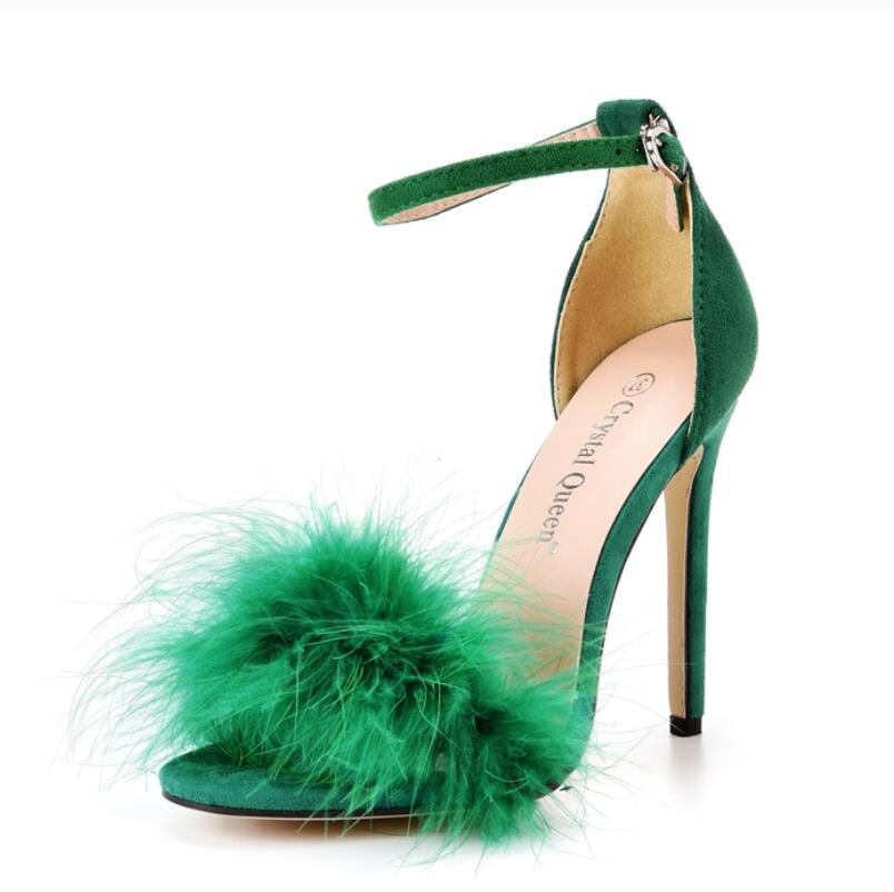 

Мода 2024 года, женские летние босоножки с открытым носком, туфли на шпильке на высоком каблуке, меховые перья, женские свадебные туфли, большой размер 44 зелёный
