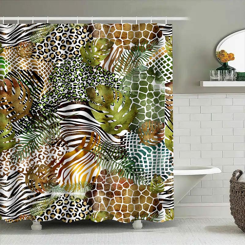 Luxus Tierprint Duschvorhang Mehrfarbig Grün Weiß Schwarz Gold Zebra Leopard Palme Design Wasserdicht Bad Dekoration f