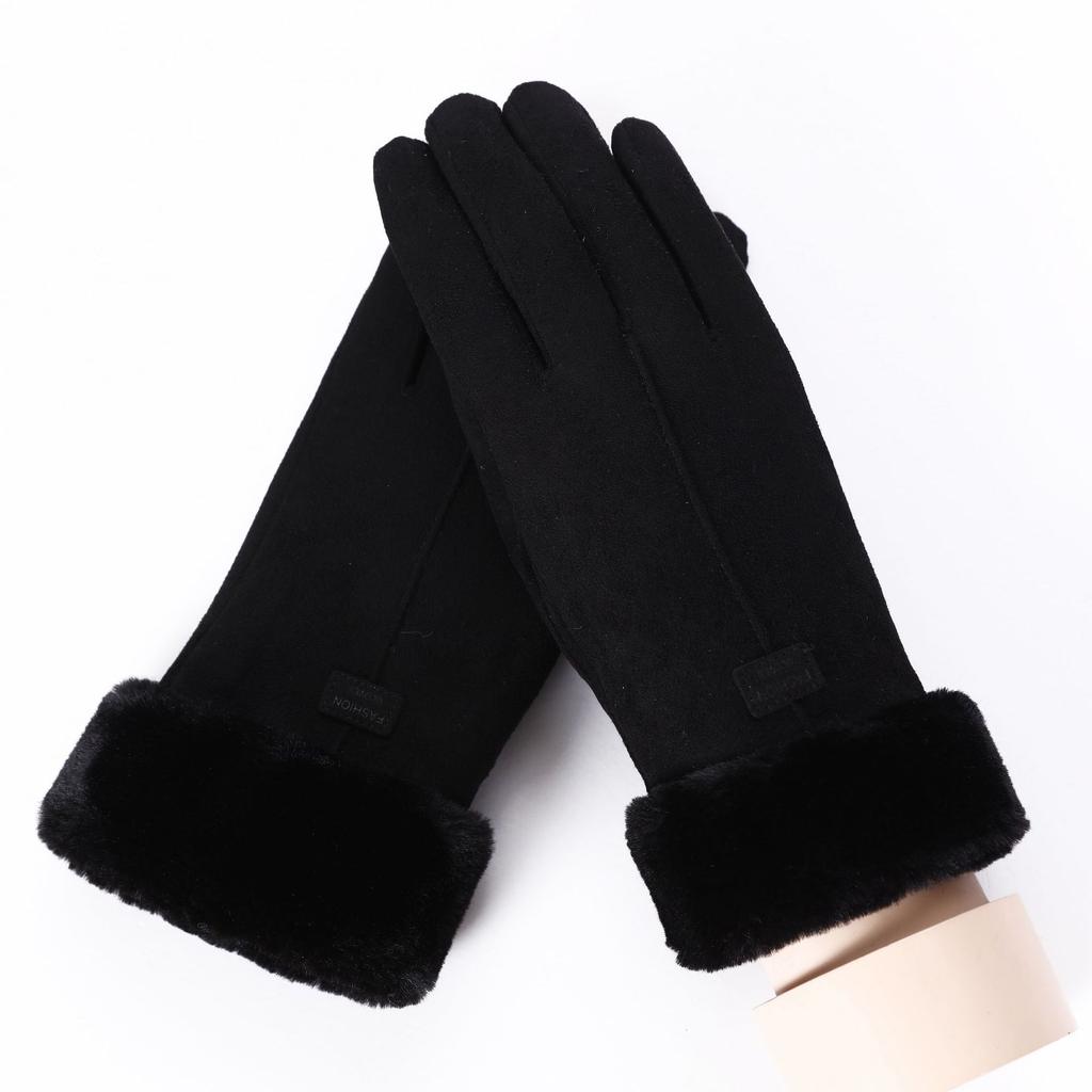 Warm Gloves Winter Suede Gloves Hair Mouth Outdoor Riding Touch Screen Fleece Thickened