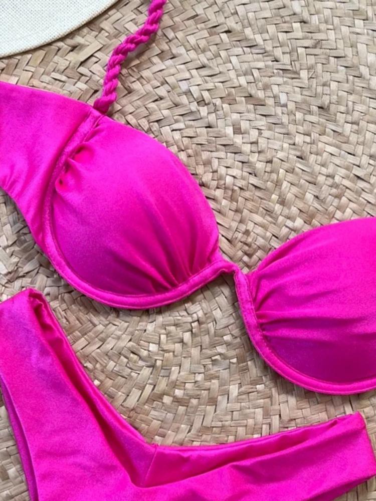 Fashion Solid Wavy Low Waist Bikini Set Women Patchwork Aesthetic Sweet Swimsuit Hollow Out Two Pieces Sets Female Beach Party Suits