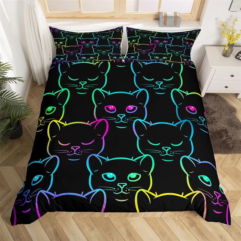 Boho Colorful Cat Duvet Cover Set Cats Star Mushroom Bedding Set Microfiber 3D Kawaii Animals Comforter Cover Twin For Kids Boys