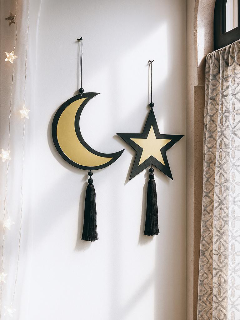 1pc Ramadan Moon Star Golden Mirror Wall Decor,Black Tassel Hanging Ornaments,Islamic Festive Home Decor for Ramadan & Eid Gifts