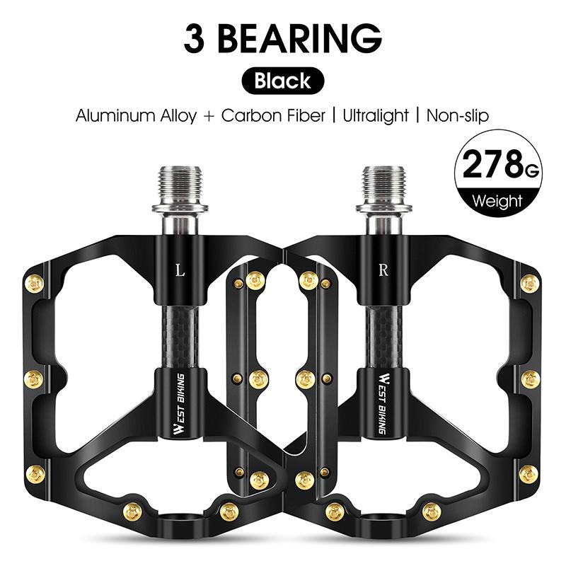 WEST BIKING 3 Bearings Bike Pedals Carbon Fiber Tube Ultralight Aluminum Widen Flat Pedal Anti-slip MTB Road Bike Pedals