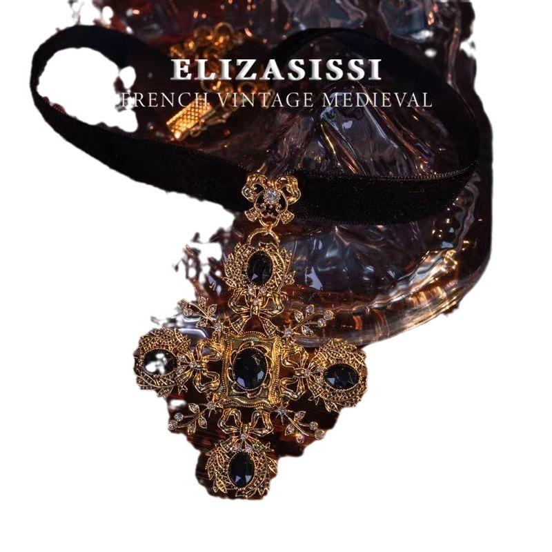 Court Retro Cross Inlaid with Rhinestone European and American Fashion Necklace