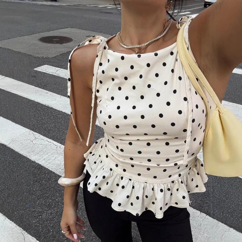 

Женский топ-ками на бретельках в горошек с оборками по низу, без рукавов, повседневный, облегающий, блузка S абрикосовый