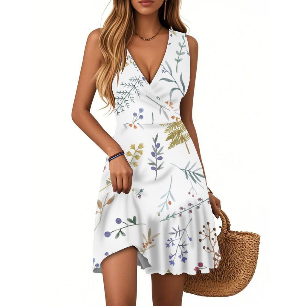 Women's Dress V-neck Sleeveless Casual Floral Print Hem Pleated Dress