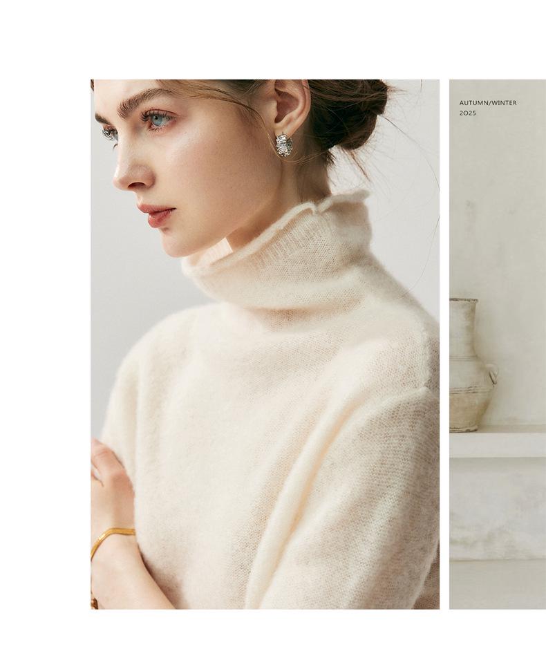 2025 Women's Autumn/Winter Herbalife Cashmere High-Neck Rolled Edge Half-Sleeve Sweater