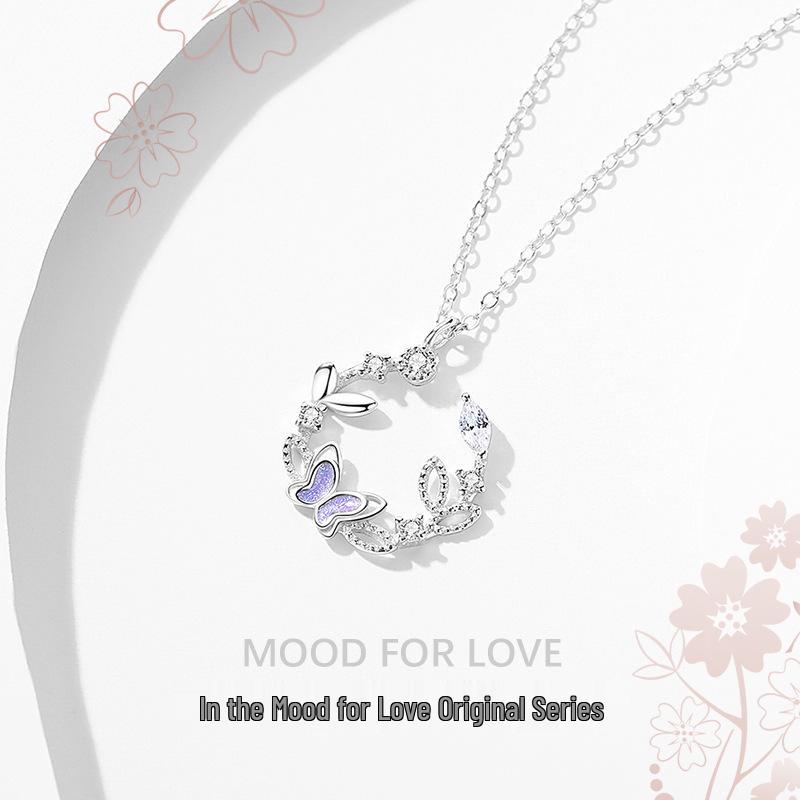 

Butterfly Necklace - 925 Silver, Mori Style, Glass Pendant, Cute Clavicle Chain for Women 925 Silver