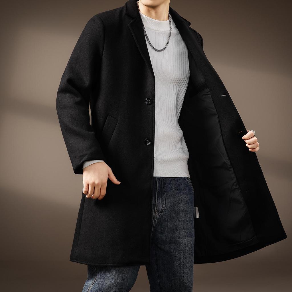 Men's Wool Tweed Mid-Length Suit Collar Windbreaker - British Style Autumn/Winter Coat