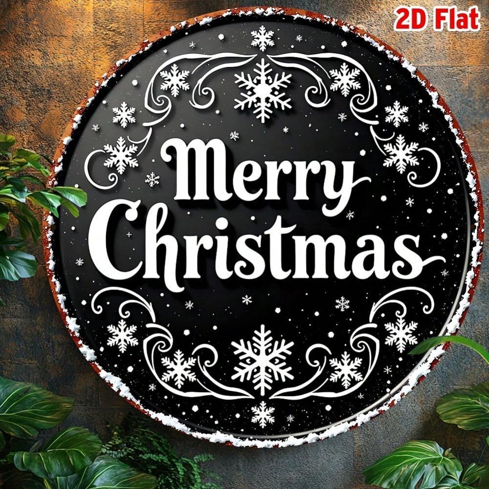 Vintage Black White Metal Merry Christmas Wall Art Round Aluminum Snowflake Star Decor Gift