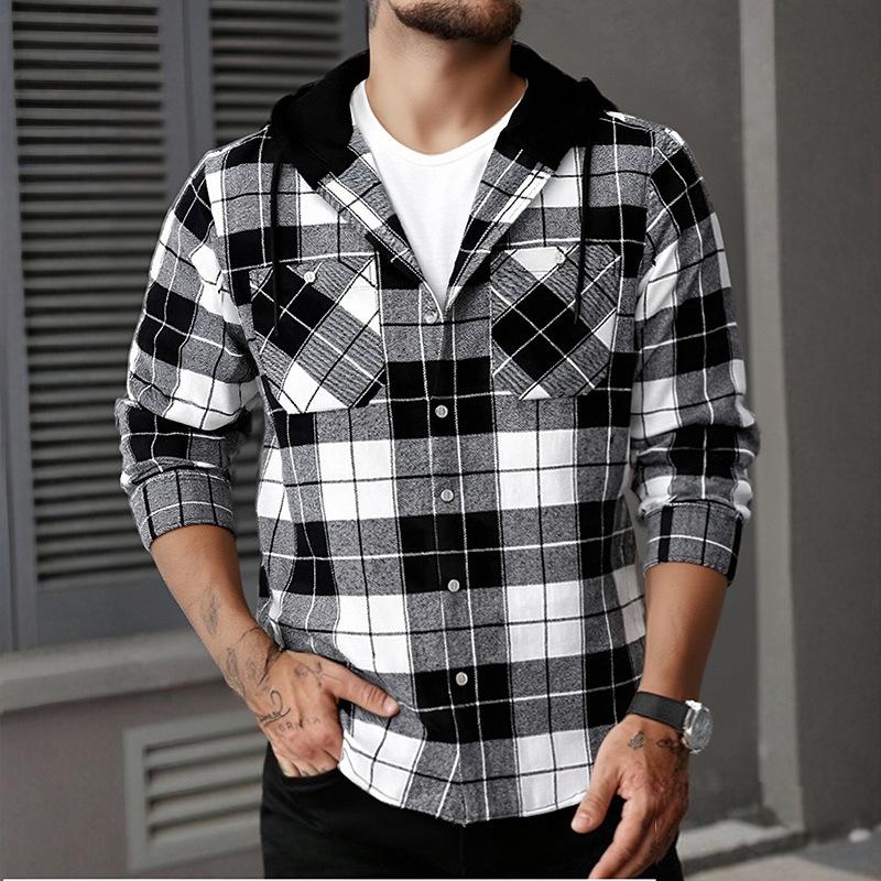 Hooded Flannel Shirt Jackets for Men Long Sleeve Loose Fit Button Down Work Shirts Outwear Men's Casual Plaid Heavyweight Hoodies Shirt With Pockets