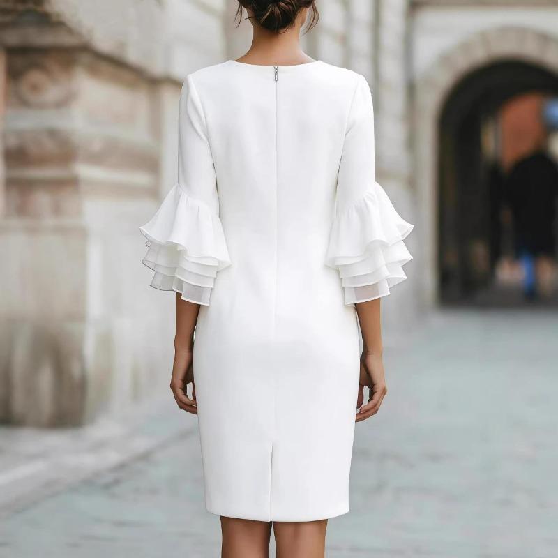 Women's Crew Neck Ruffle Bell Sleeve Mini Dress Loose Fit Elegant Party Dress