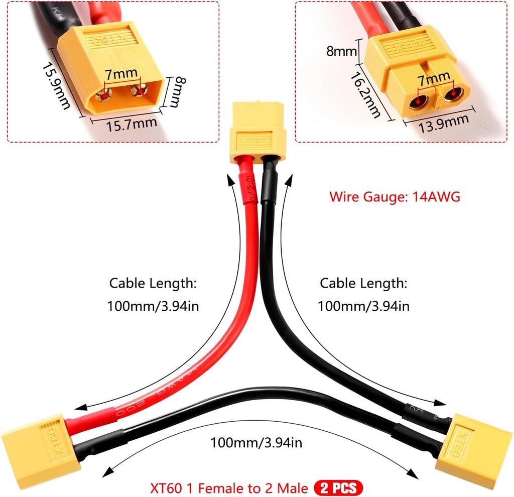 2Pcs XT60 Series Adapter Cable for 2 Lipo – Voltage Increase, Male Female Connector – For RC Models, Silicone, Yellow Red Black