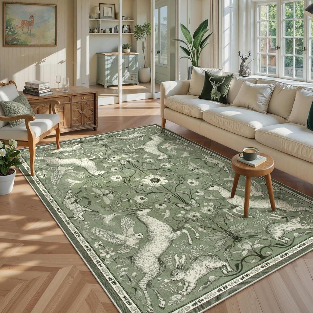 Forest Animal Deer Rabbit Nordic Green Grey Neutral Carpet Soft Non-slip Mat Rug for Living Room Bedroom Home Decoration Durable