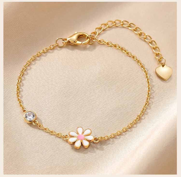 Minimalist Enamel Daisy Flower Bracelet, 18K Gold Plated Stainless Steel, Waterproof Dainty CZ Charm Jewelry Gift