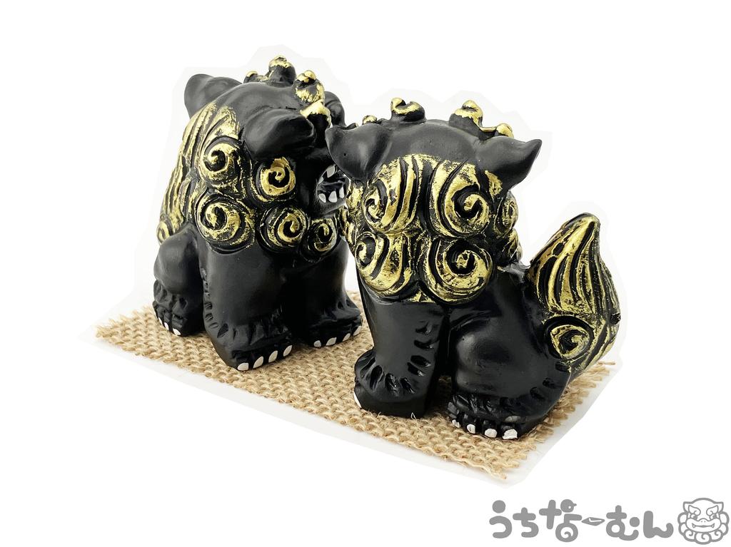 Okinawa Souvenir, Rakuten, Mini Shisa Figuren, Paar, Shisa und Löwenfiguren, Innendekoration, Glücksbringer, Feng Shui, Schwarz, mit Aufklebern