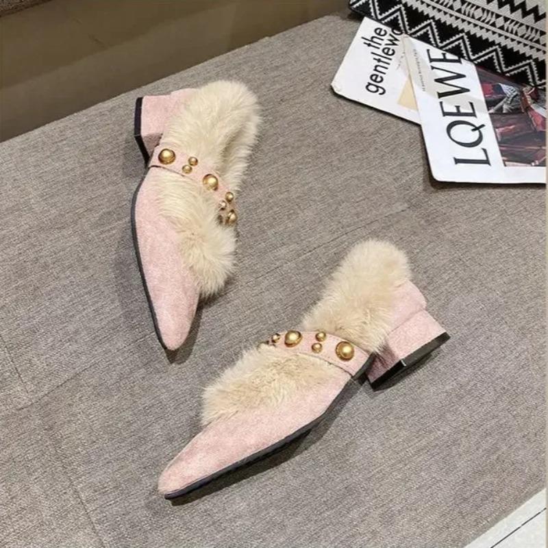 Trendy Women's Fluffy Shoes Pointed Fur Mid Heel Coarse Heel Women's Slip On Shoes Plush Keep Warm Cotton Shoes Zapatos De Mujer
