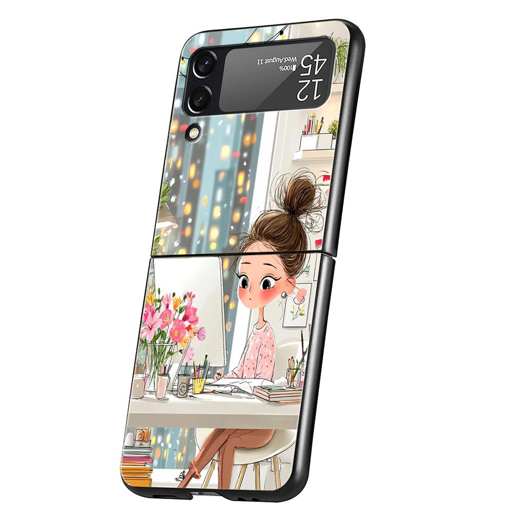 Hard PC Phone Case For Samsung Galaxy Z Flip 7 6 5 4 Black Cover For Galaxy Z Flip 3 Foldable Shockproof Capas Cartoon Girl Bags