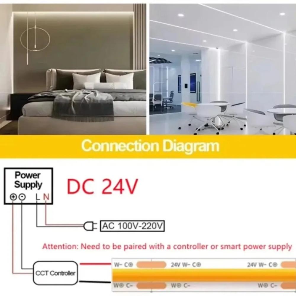 10m 480 LEDs/m COB LED Strip Lights Flexible Tape DC24V RA98 High CRI CCT 2700K-6500K Linear Dimming High Density For Room Decor