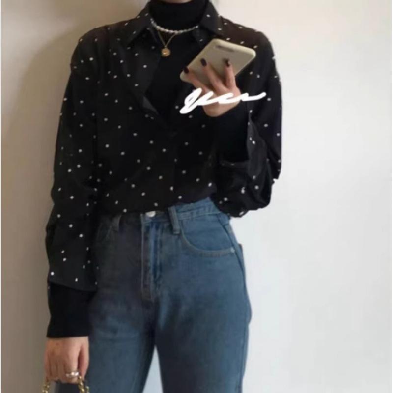 Women Polka Dot Printed Blouse Long Sleeve Loose Turn Down Collar Ladies Shirts