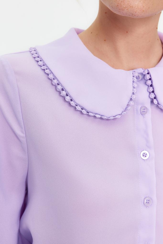 Damenmode Neues Hemd Lila Kragen Detailliertes Rüschen Webhemd