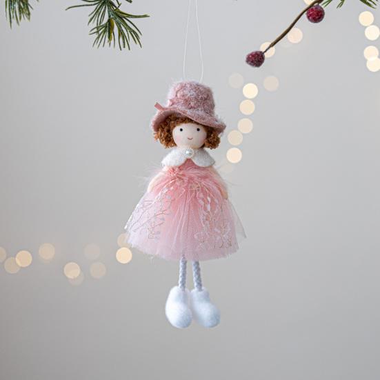 Christmas Angel Doll Hanging Decoration Top Hat Lace Dress Long Legged Plush Girl Hanging Ornament Holiday Party Pendant