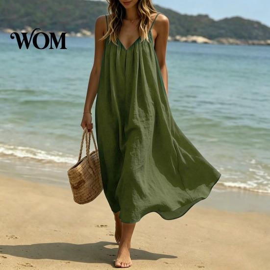 Sleeveless V-neck Dress Women's Spaghetti Strap Beach Sundress, Summer V Loose Fit Neck Cami Dress, Flowy Vacation Long Women