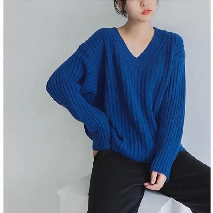 Jerséis Básicos de Punto para Mujer Otoño Invierno Cálido Suéter Cuello en V Moda Holgado Manga Larga Clásico Casual Tops de Punto