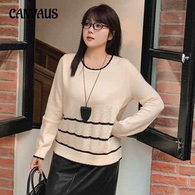 Women's Plus Size Round Collar Clashing Stripe Top Autumn and Winter Loose Casual Sweater Knitwear
