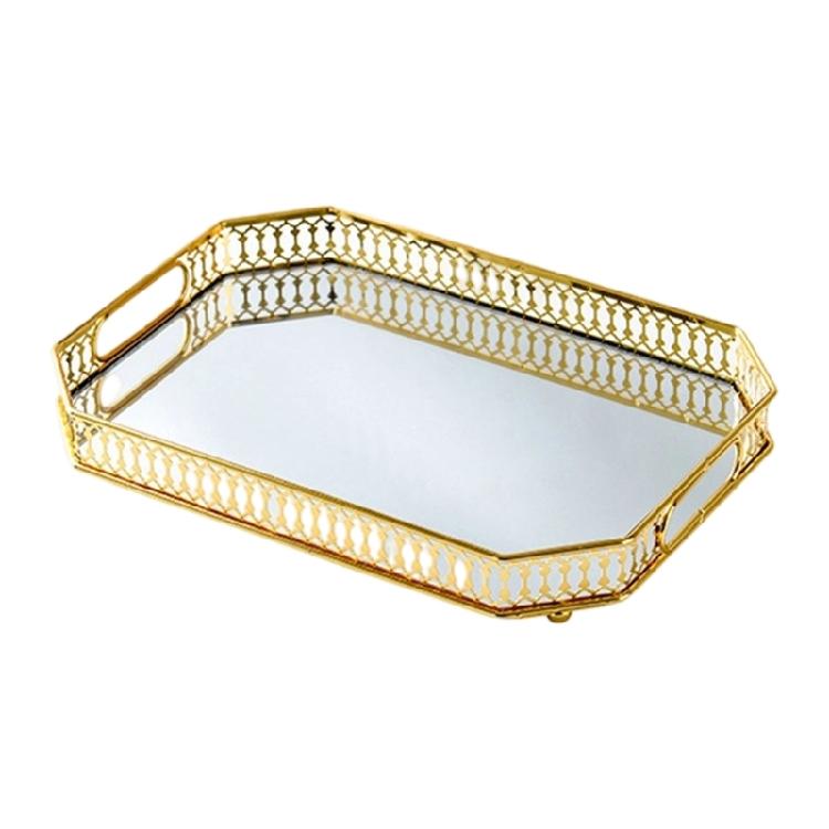 Gold Trimmed Glass Cosmetic Storage Tray Elegant Makeup Perfumes Organizer Metal Construction Display Plate