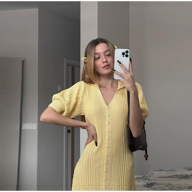 Damen Strickkleider mit Puffärmeln, einreihig geknöpft, lang, frisch, einfarbig, schlankmachend, Sommerneu, eleganter Damenstrickstil