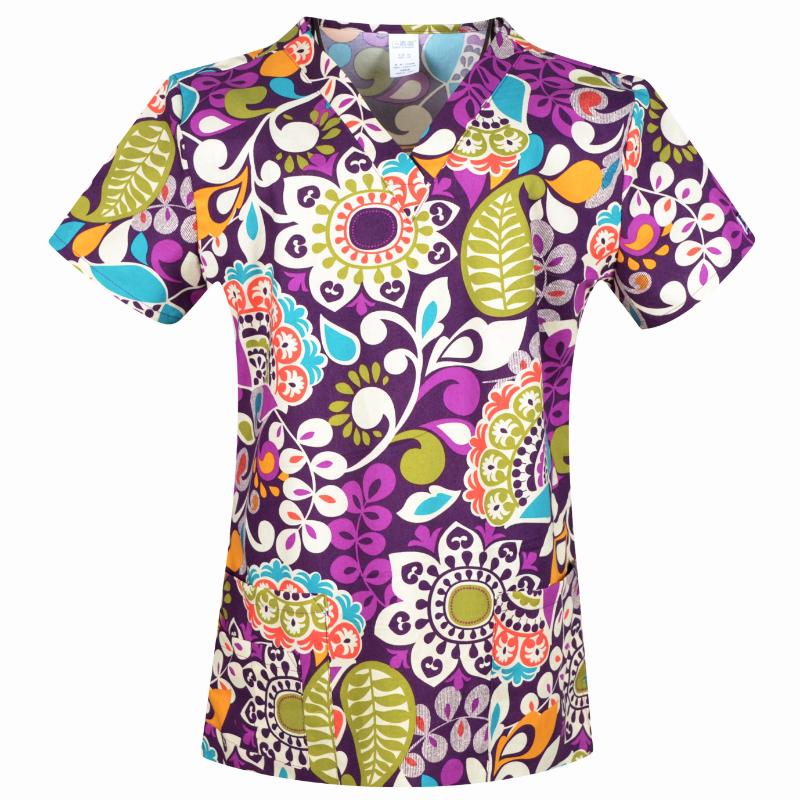 Hennar High Quality Print Scrub UniformFor Women In 100% Cotton 4 pockets,XXS-5XL Medical Scrub Tops