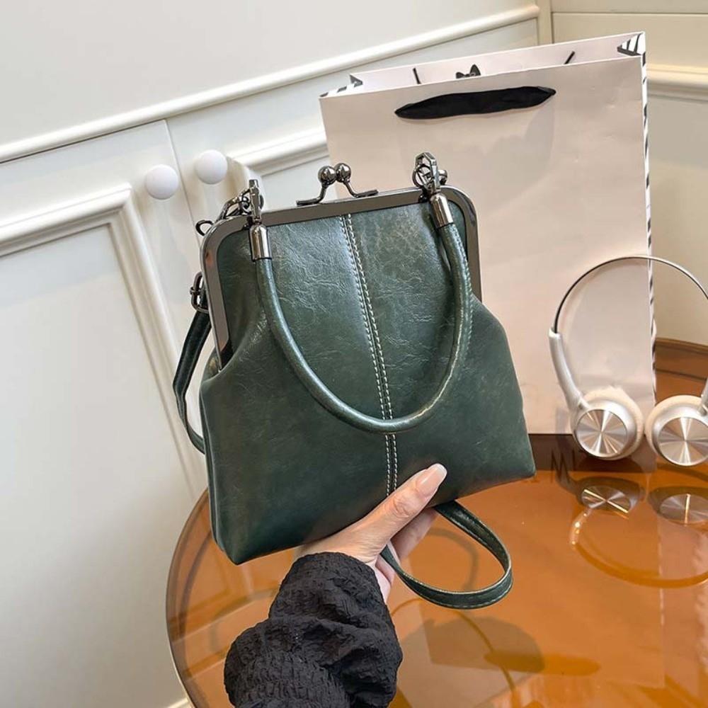 Elegant Kiss Lock Shoulder Bag Large Capacity Solid Color Chinese Style Crossbody Bag Anti-splash Water PU Leather