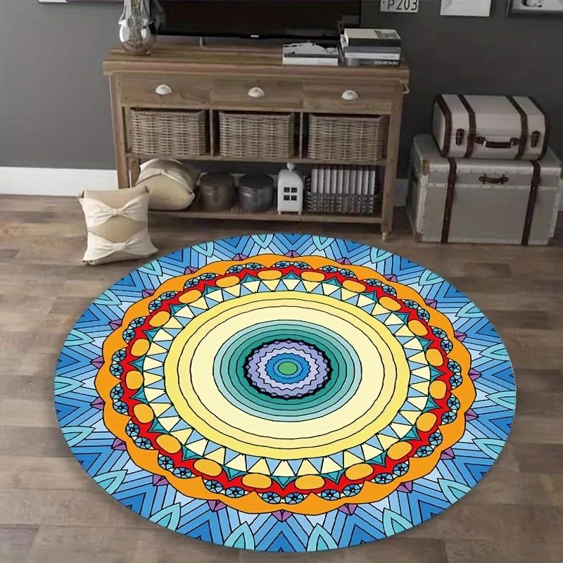 1pc Golden Round Rug and Black Geometric Pattern Carpet Coffee Table Mat Bar Area for Bedroom Living Room Dining Home Decorativ