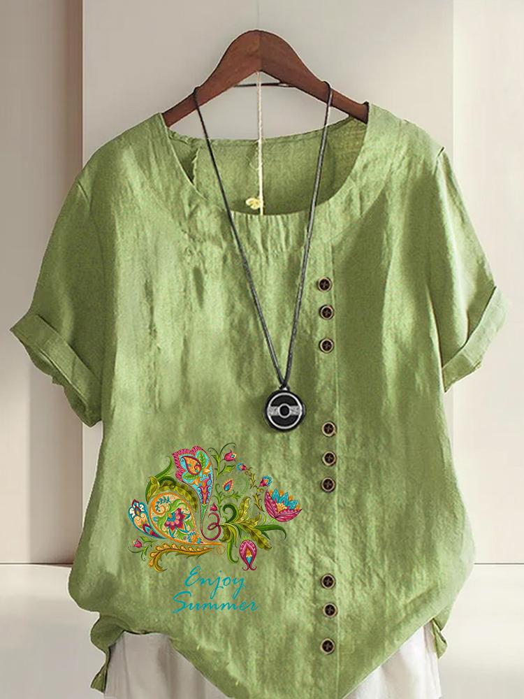 

Women s Fashion Lace Letters Print Round Neck Short Sleeve T-shirt Summer Casual Cotton Linen Graphic Shirt Leisure Loose Blouse Tops 5XL зелений