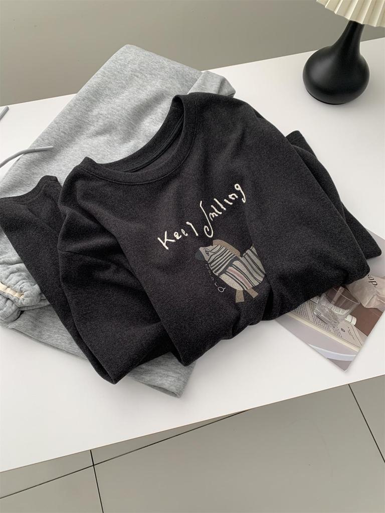 Women's Plus Size Dark Grey Little Horse Print Velvet T-Shirt - Warm Brushed Base Layer for Autumn/Winter