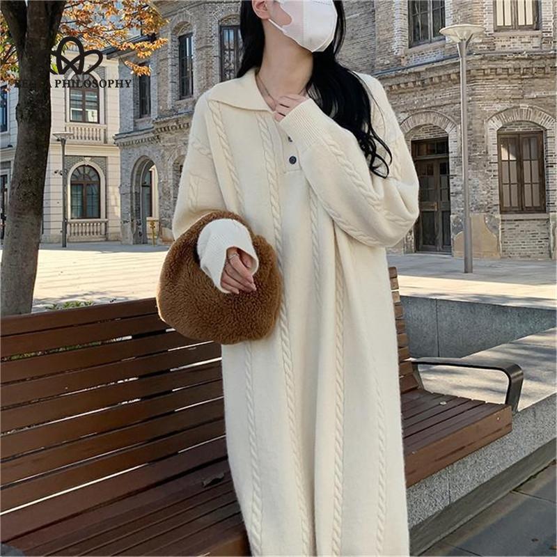 Rochie tricotată cu rever în stil coreean lung în stil leneș 2024, primăvară, toamnă, design nou, pulover, rochie de bază