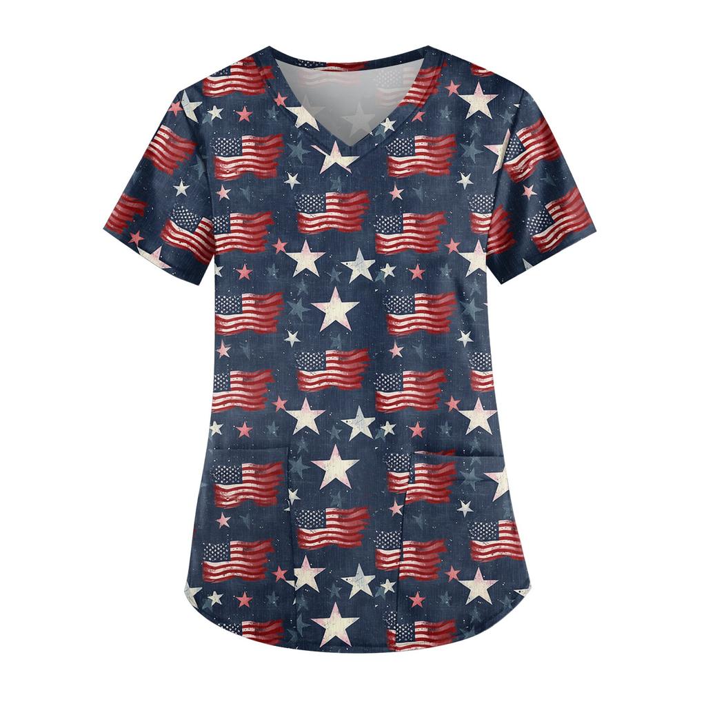 Women's Independence Day Printed Work Clothes V-neck Double Layer Pockets Basic Short Sleeve Top Pullover