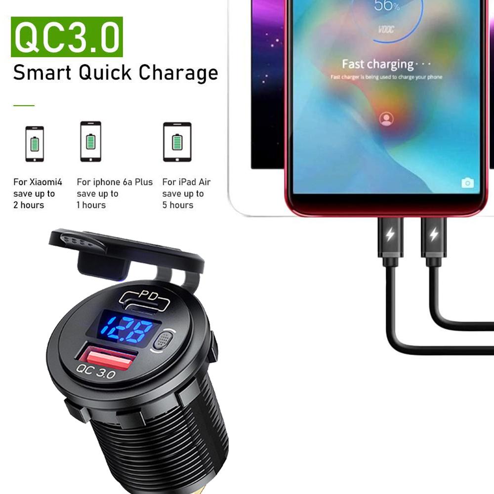12V/24V Car Charger Socket with ON/Off Switch Voltage Display  45W PD USB QC 3.0 Fast Charger for Car Truck Boat RV Motorcycle