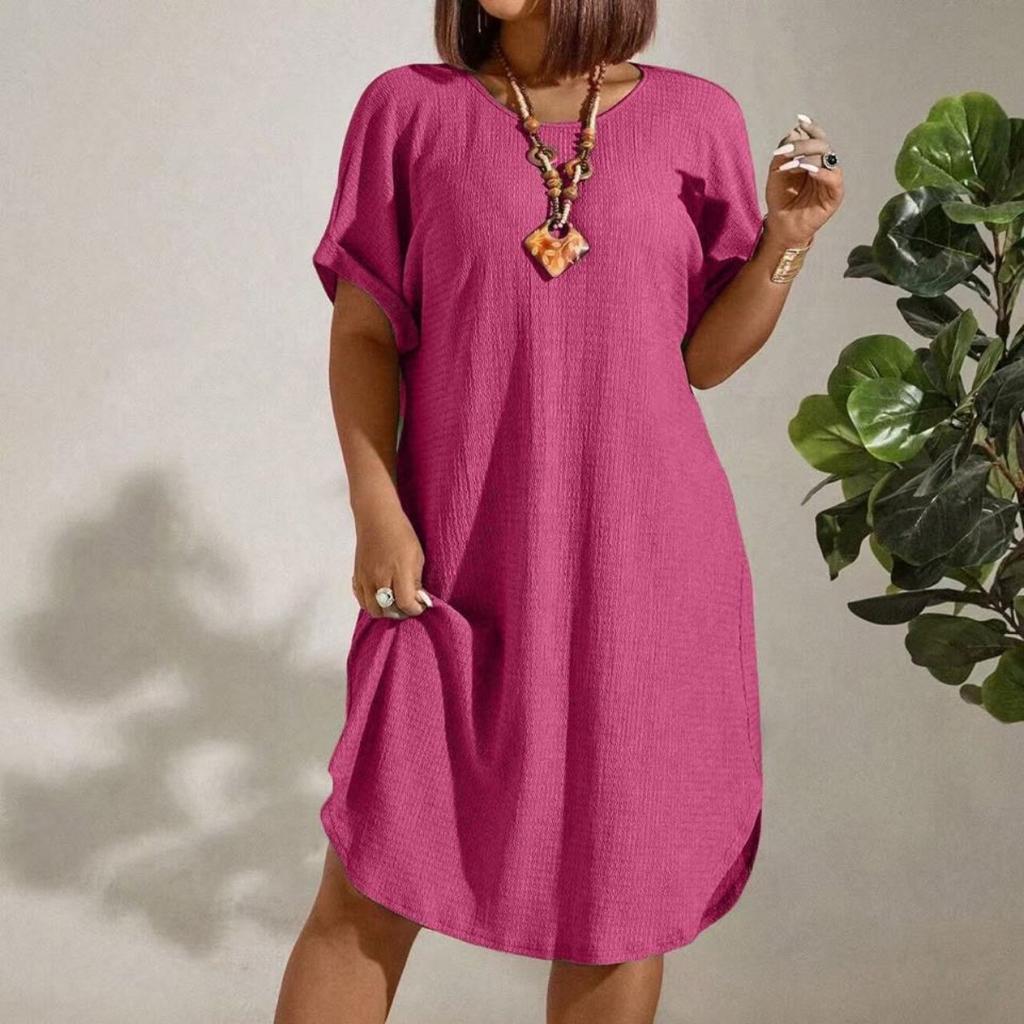 European and American Large-size Women's Clothing New Short-sleeved Solid Color Dress