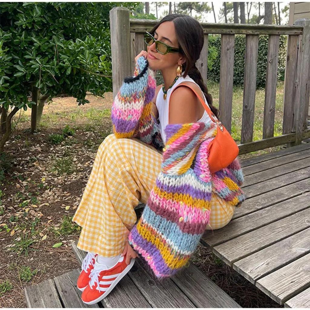 Women Cardigan Sweater Colorful Striped Knitted Coats Long Sleeve Knitwear Jackets Fall Winter Casual Versatile Cardigan